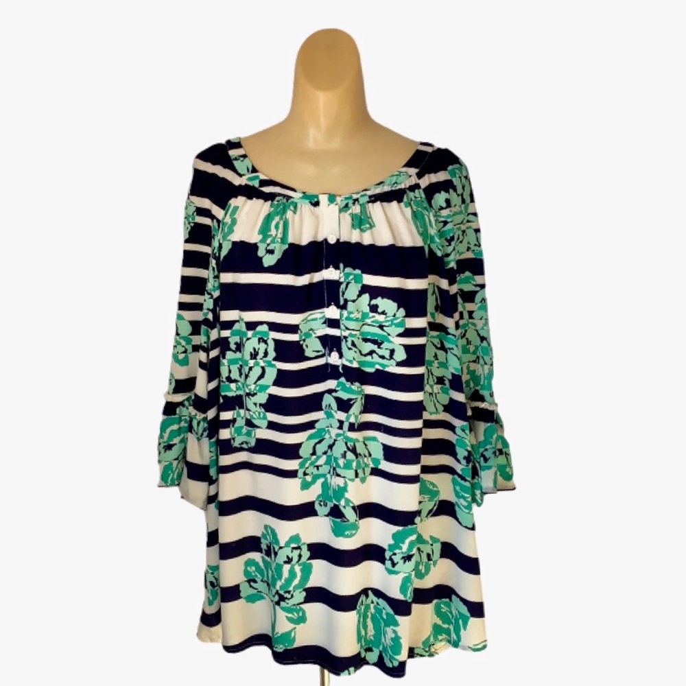 Molly & Isadora 2X 3/4 Sleeve Navy/Green Blouse